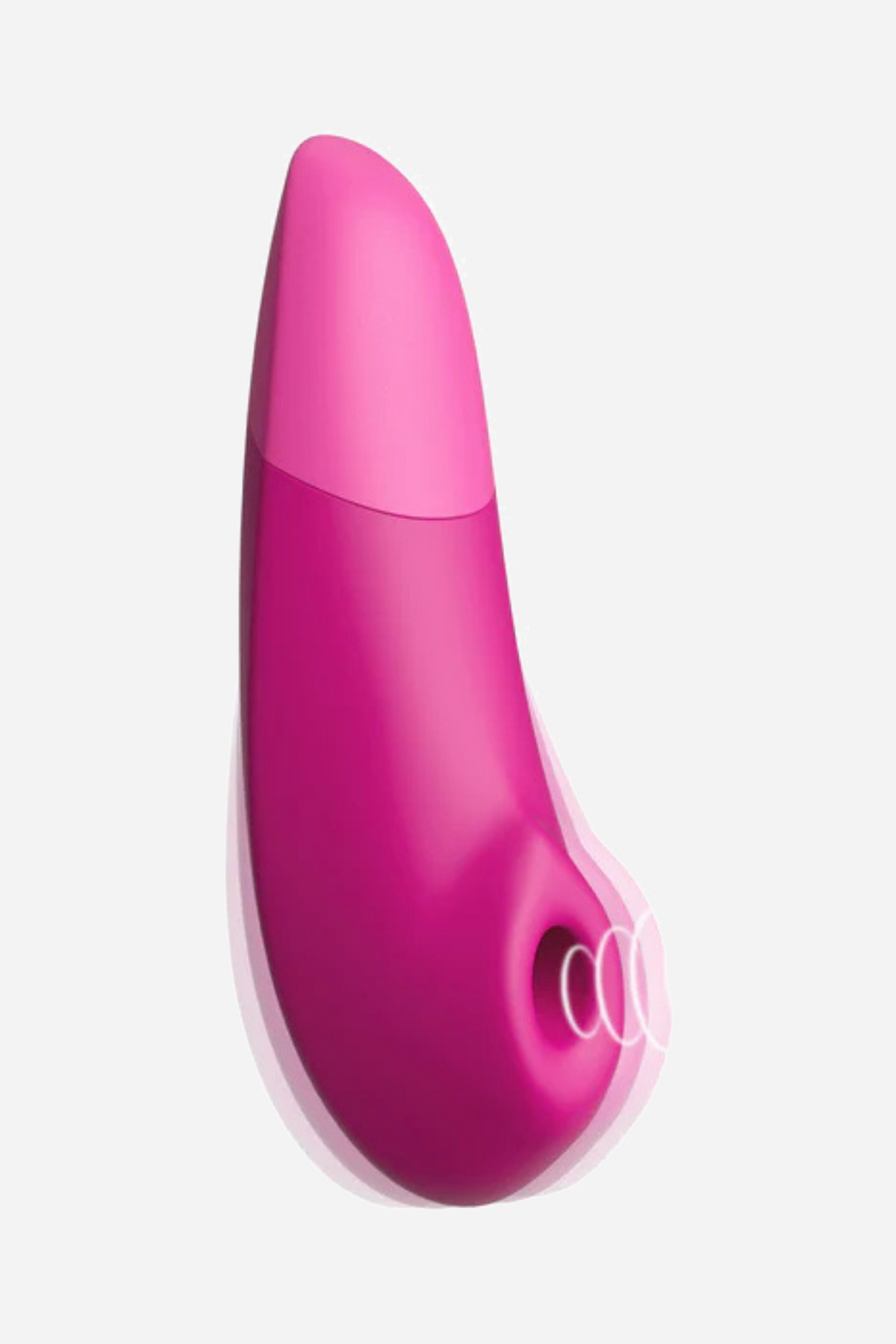 The Womanizer Enhance air pulse vibrator in pink, angled to show the ridged opening at the tip and the smooth two tone silicone body