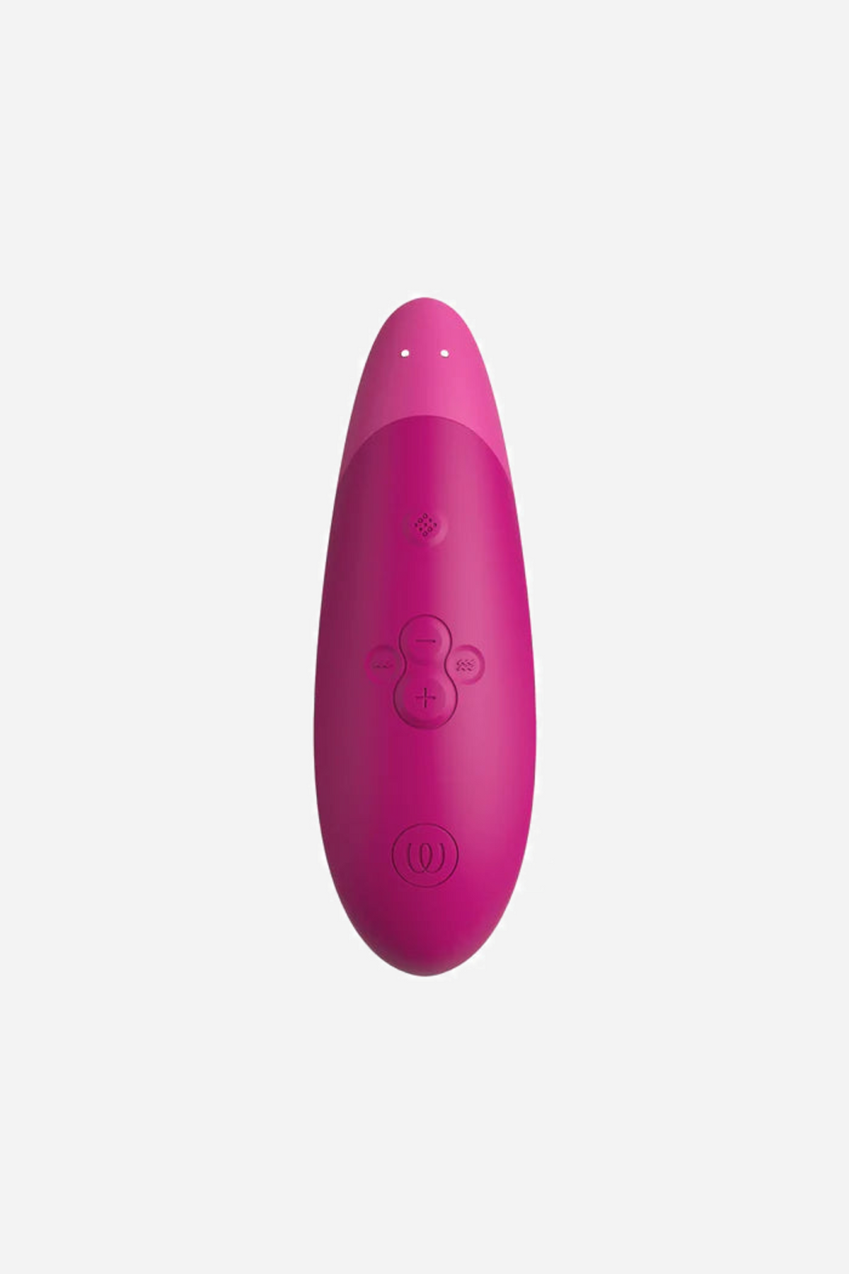 The back of the pink Womanizer Enhance, showing the raised control buttons and the Womanizer logo moulded into the soft silicone