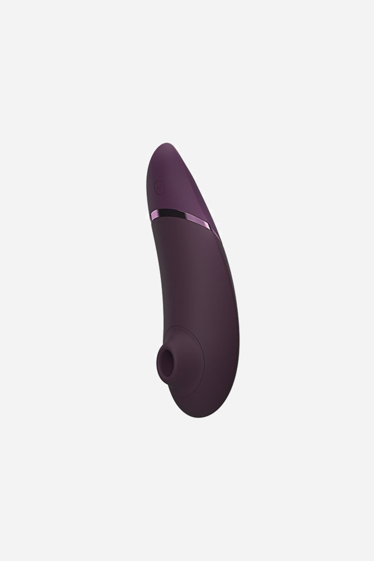 Side profile of the dark purple Womanizer Next, showing how the head tilts forward over the nozzle above a slim tapered handle.