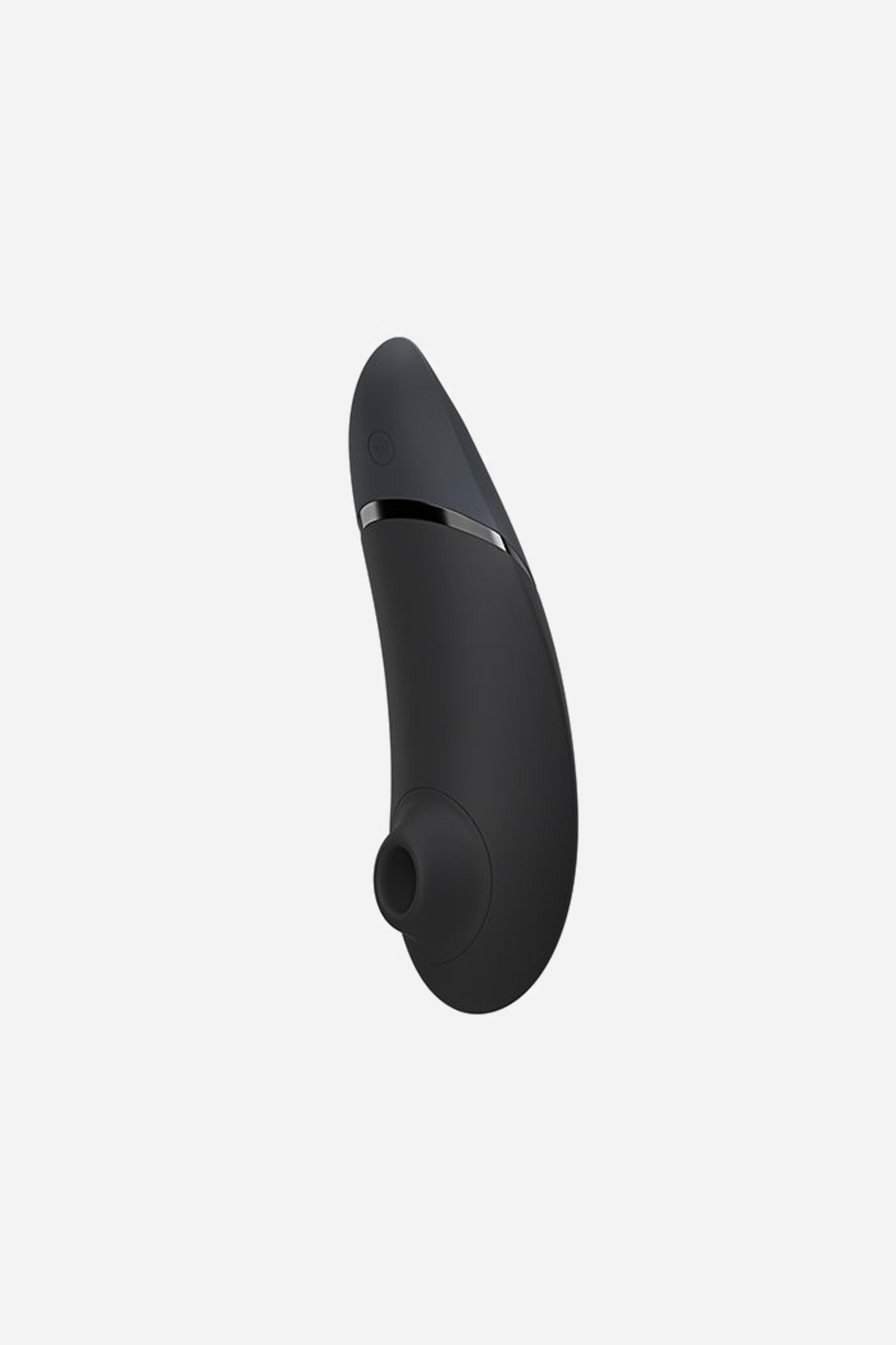 Side profile of the black Womanizer Next, its forward-tilted head and nozzle set above a slim handle that tapers towards the base.