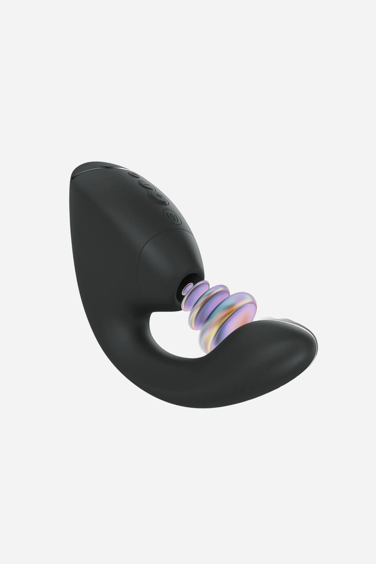 Womanizer Next Duo Air Pulse Rabbit Vibe in black, showing the Pleasure Air clitoral head and curved internal G-spot vibrating arm