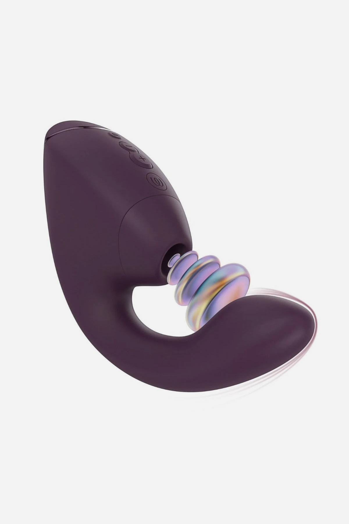 Dark purple Womanizer Next Duo Air Pulse Rabbit Vibe from the side, showing the Pleasure Air suction head that stimulates the clitoris