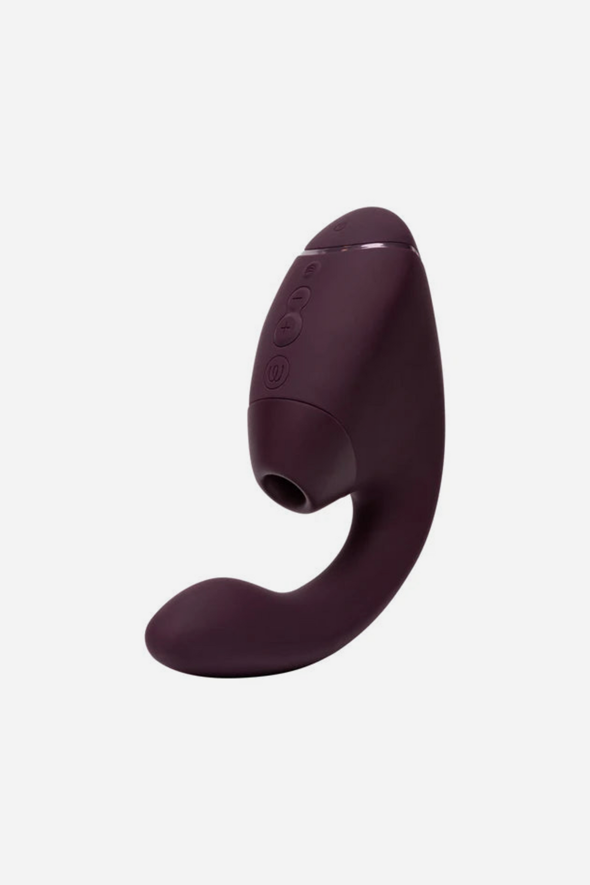 Dark purple Womanizer Next Duo Air Pulse Rabbit Vibe in profile, highlighting the curved shape of its internal vibrating G-spot arm