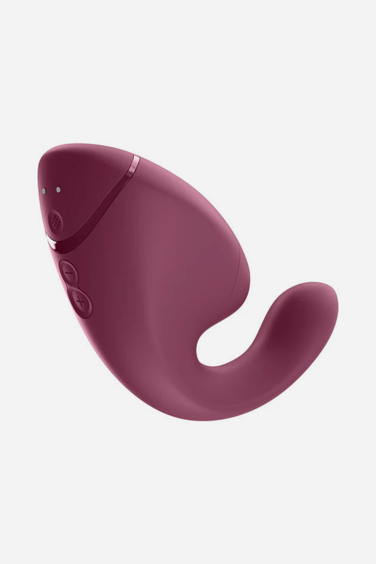 Dusky pink Womanizer Next Duo Air Pulse Rabbit Vibe shown from the front, showing its smooth silicone G-spot arm and curved outer arm