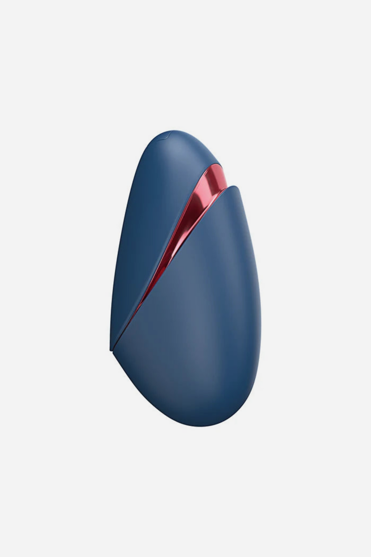 The Womanizer Liberty in Blue and Red with its navy magnetic lid fully closed, forming a smooth, discreet travel case with a red trim edge