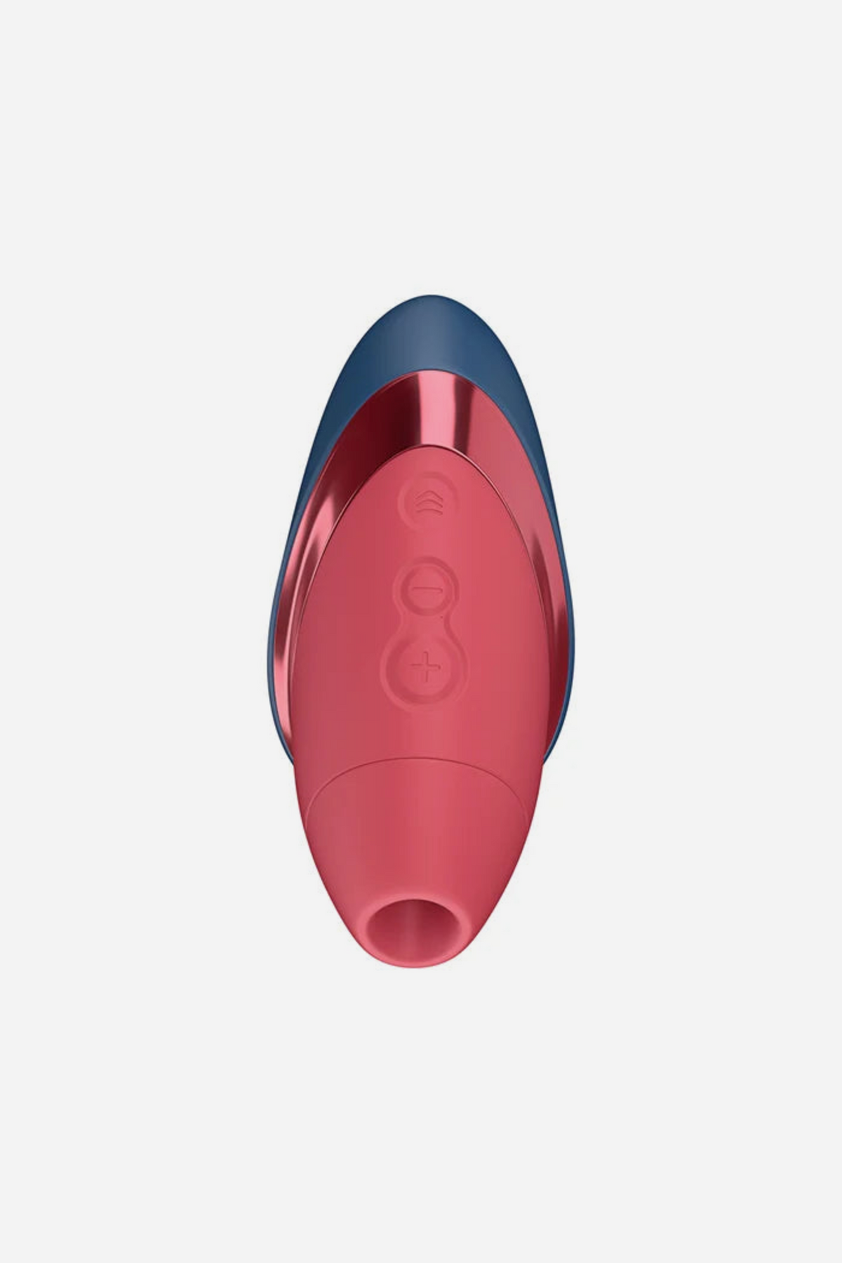 Front view of the red Womanizer Liberty body with the lid removed, showing the soft silicone air pulse nozzle at the top and the control buttons