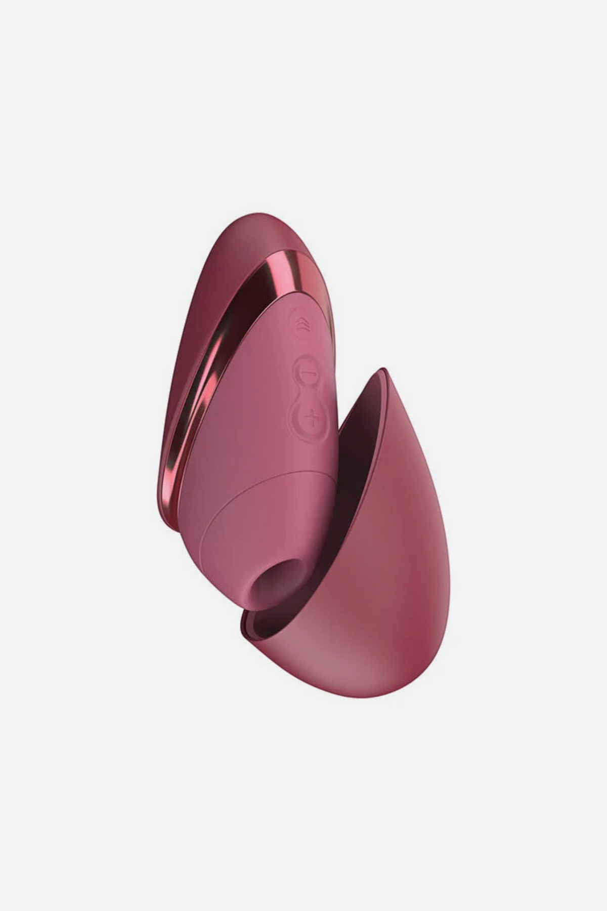 The Bordeaux Womanizer Liberty with its matching magnetic lid slid partly open, showing how the cover protects the air pulse head for travel