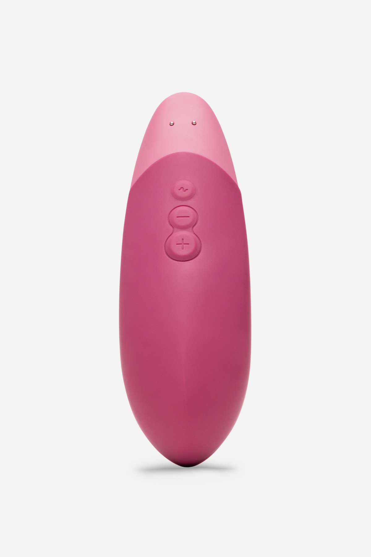 Front view of the Womanizer Vibe in dusty pink, showing the three intuitive control buttons and the lighter pink tip on light grey
