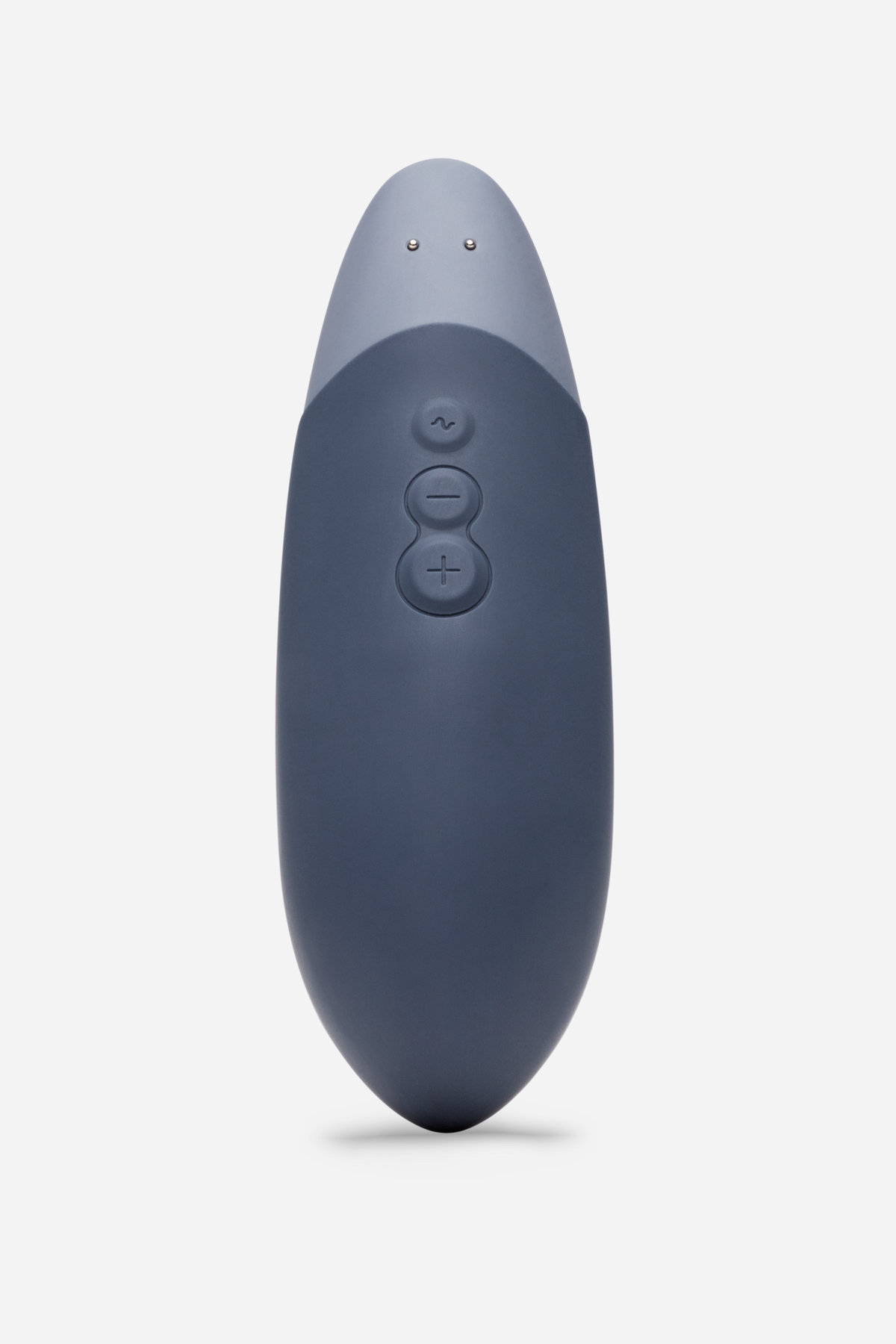 Front view of the Womanizer Vibe in dark blue, showing the three intuitive control buttons and the soft grey tip on a light grey background