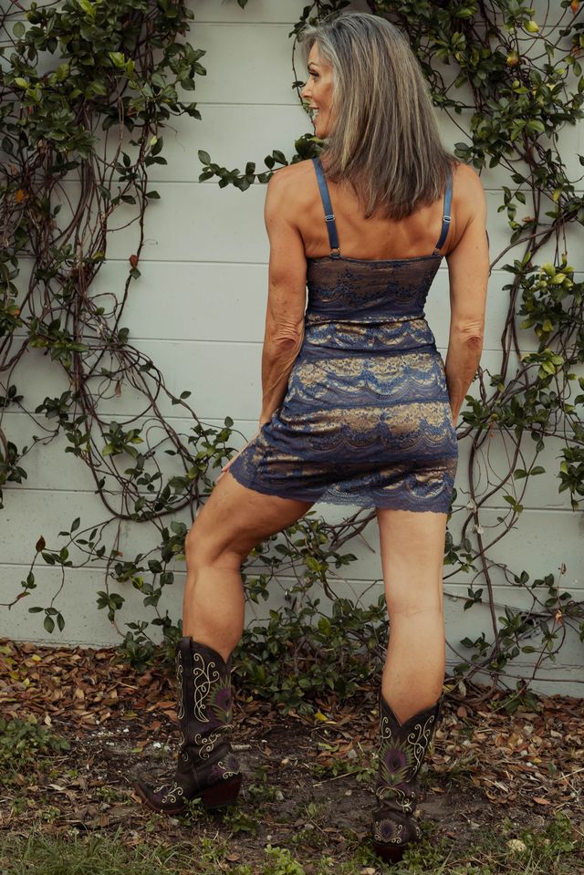 Kilo Brava Lace Bodycon Slip in Denim & Brass