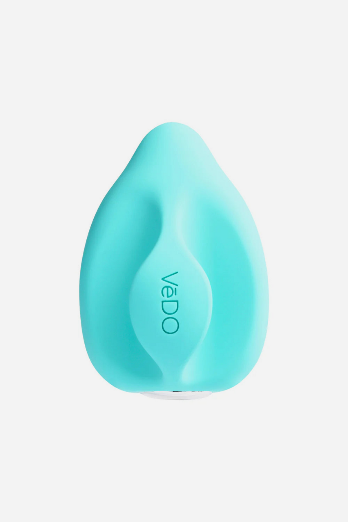 Front view of the turquoise Yummy Finger Vibe by VeDO, showing the contoured face and raised ridge that focuses the vibrations