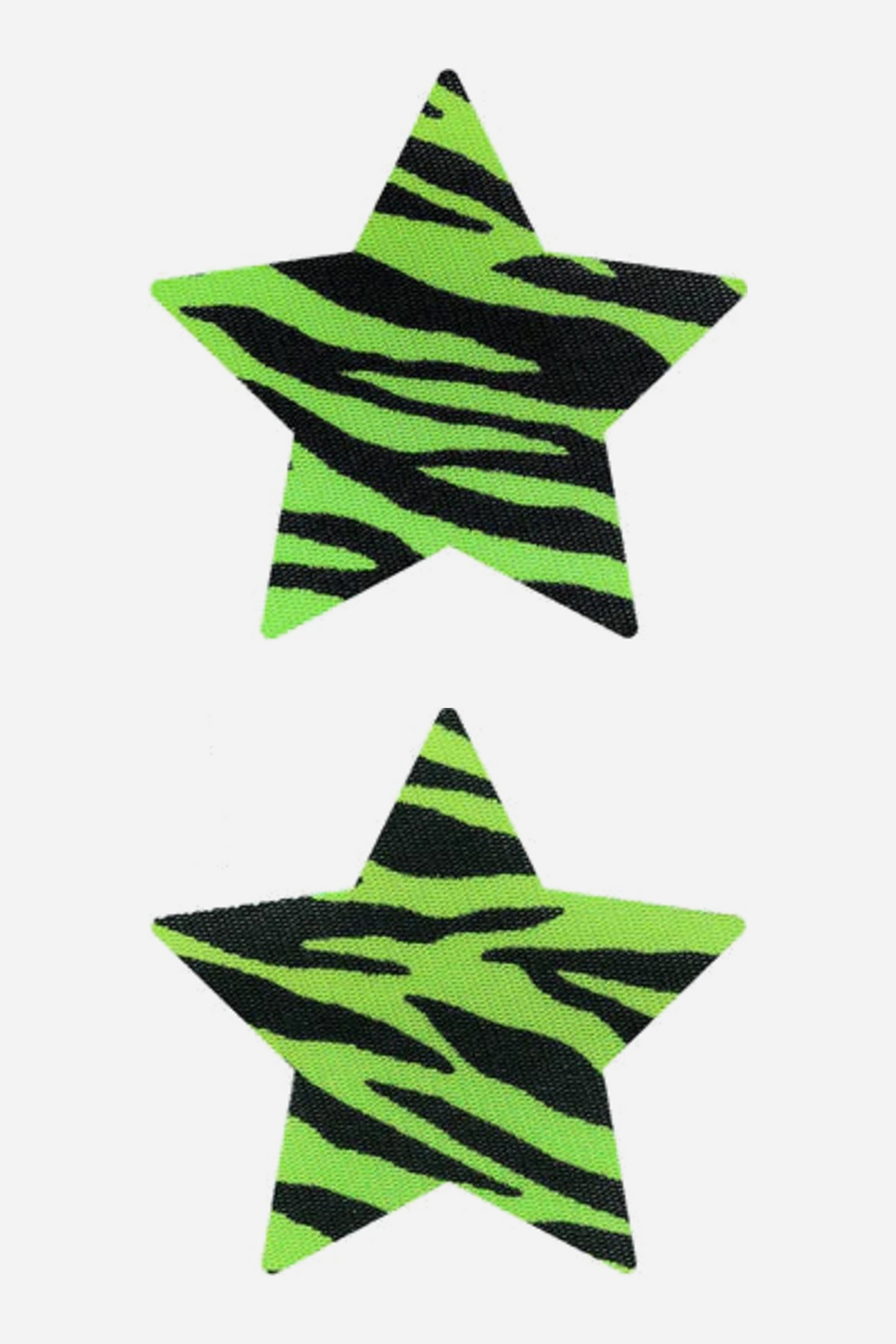 Pair of five-point star nipple pasties in a neon green and black zebra stripe print, shown stacked one above the other on a light grey background.