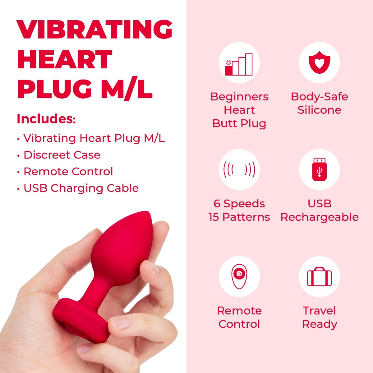 B-Vibe Vibrating Heart Jewel Plug in Red