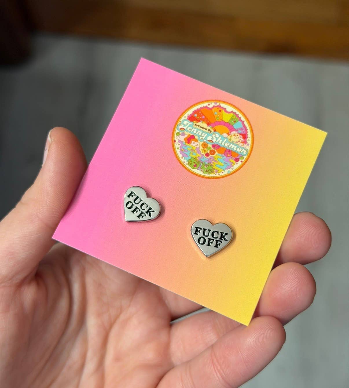Fuck Off Heart Stud Earrings in Silver Enamel