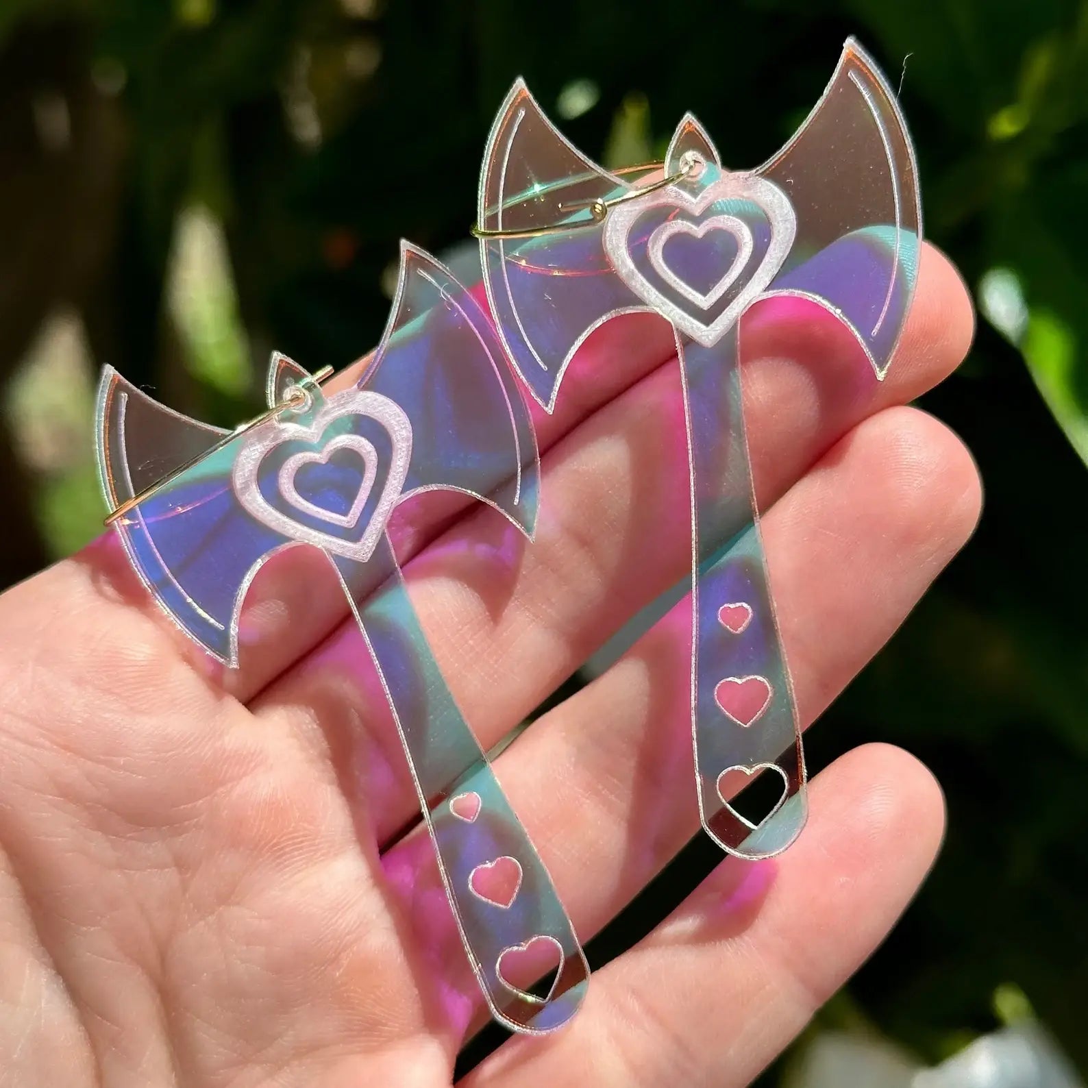 Double Heart Axe Earrings in Iridescent