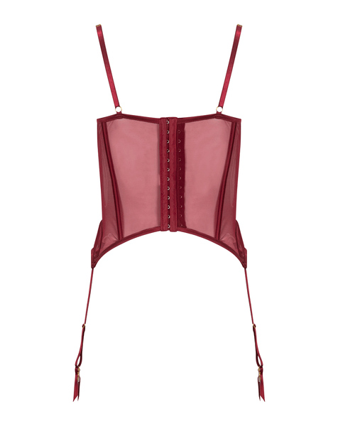 back view of the stretchy red mesh on the Kilo Brava Embroidery Merrywidow in Ruby Wine