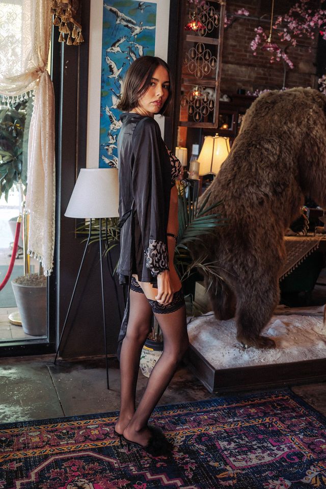 Kilo Brava Faux Leather Embroidery & Satin Short Robe