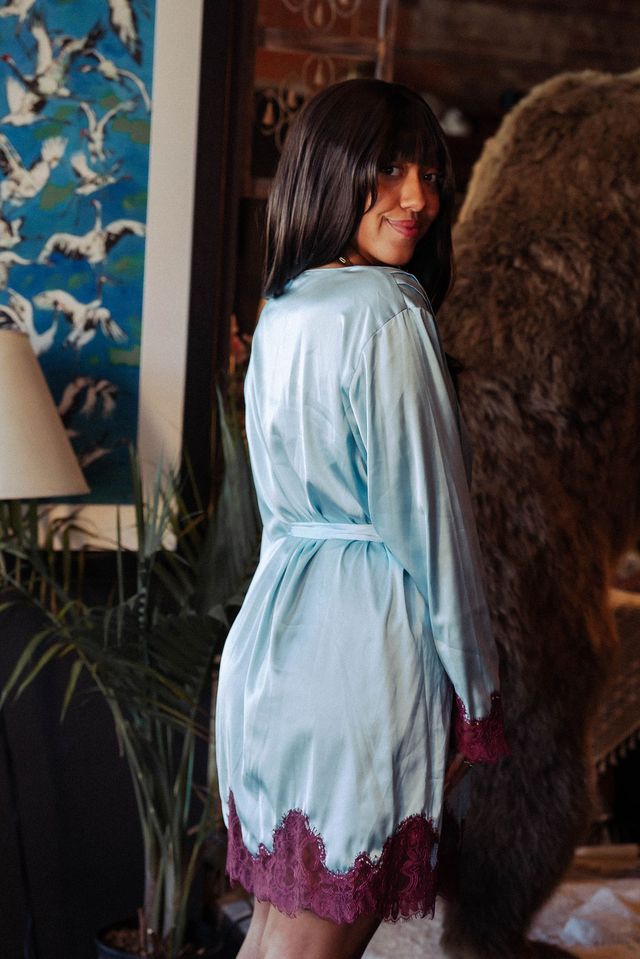Kilo Brava Satin Short Robe in Icy Blue