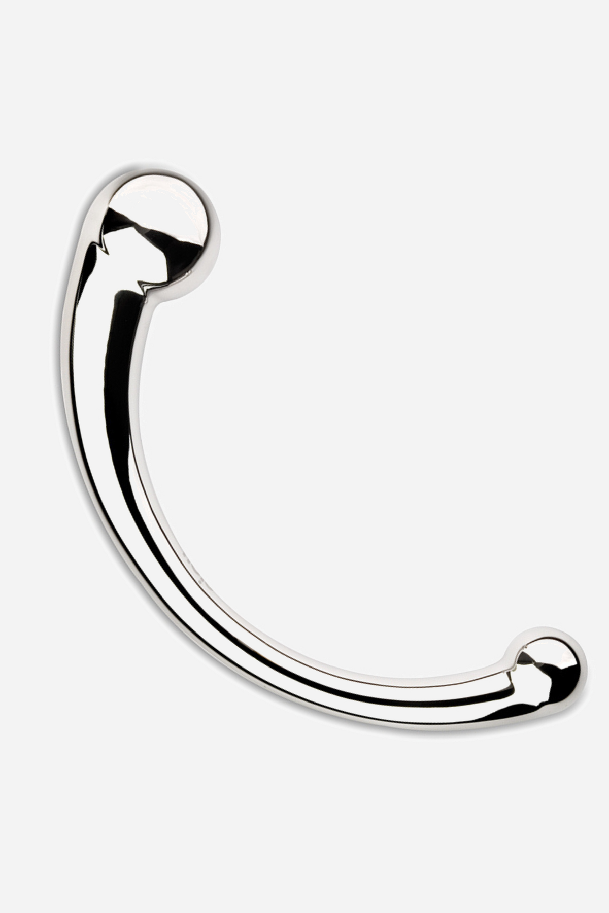 The njoy Pure Wand in polished stainless steel, curved like a long hook with a rounded ball at each end, one larger than the other