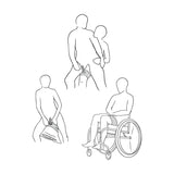 line drawings show different ways to use the thigh harness. one shows a person wrapping it around a pillow for solo play. another shows a person in a wheelchair wearing it