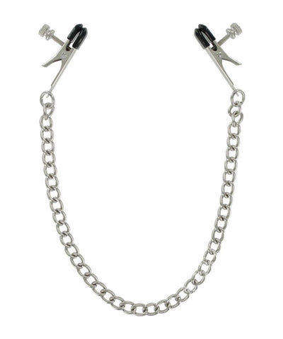 nipple clamps with adjustable bullnose style clamp with black rubber tips are connected by a 14" silver chain