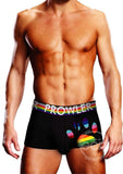 shirtless white male model faces camera to show off the prowler paw rainbow stripe graphic across the front of the black gay pride trunk underwear with a progress pride flag waistband