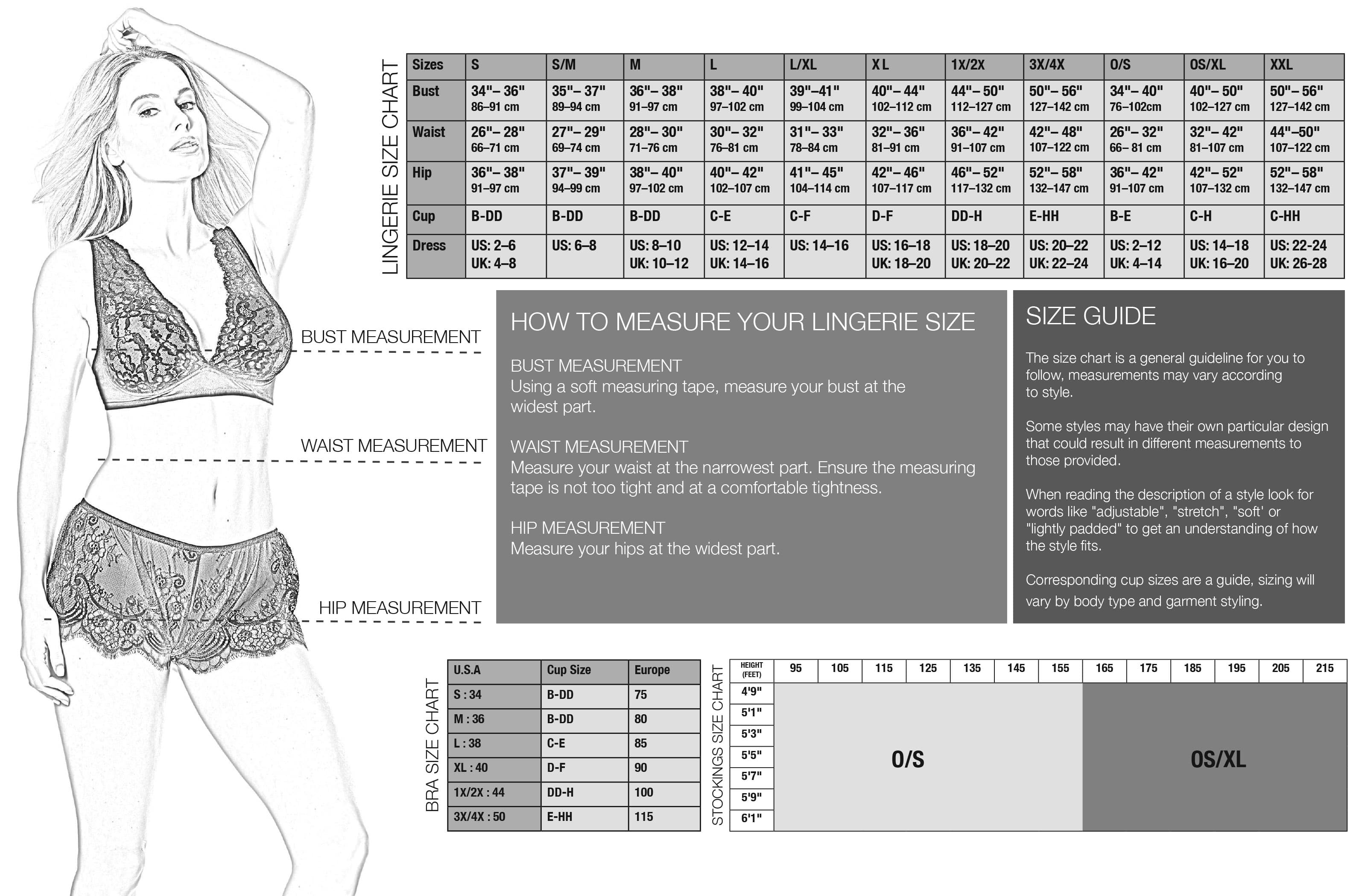 complex size chart for additional measurements