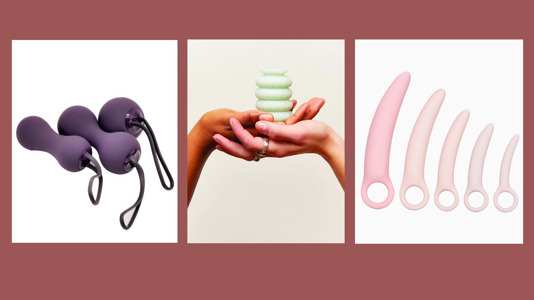Image of Je Joue Ami weights, OhNuts bumpers, and Inspire Silicone Dilators against burgundy background