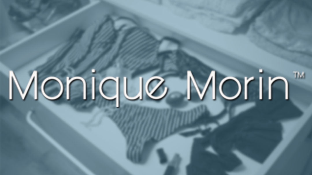 Image of lingerie drawer blurred in blue with Monique Morin logo on top