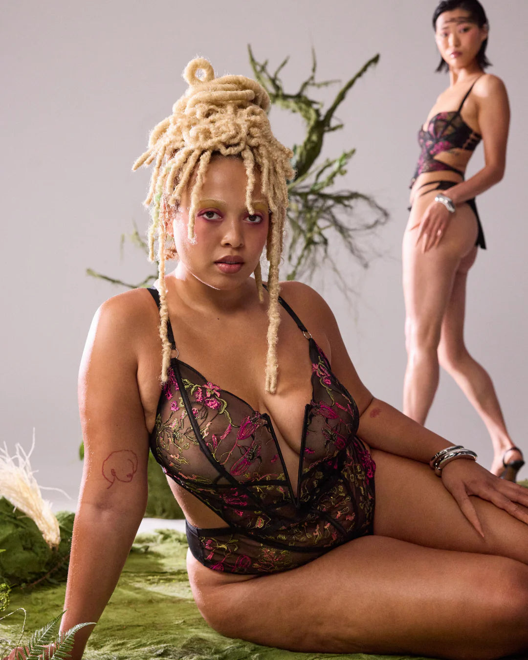 Trapped in Venus Embroidered Bodysuit in Black