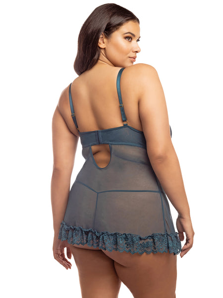shows the back of the dress lingerie with a ruffle hem and mesh back
