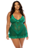 plus size black model with long straight hair is wearing a lacy babydoll in bright green