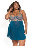 black plus size model poses wearing a teal color babydoll with two toned lace cups and strappy accents on the breast