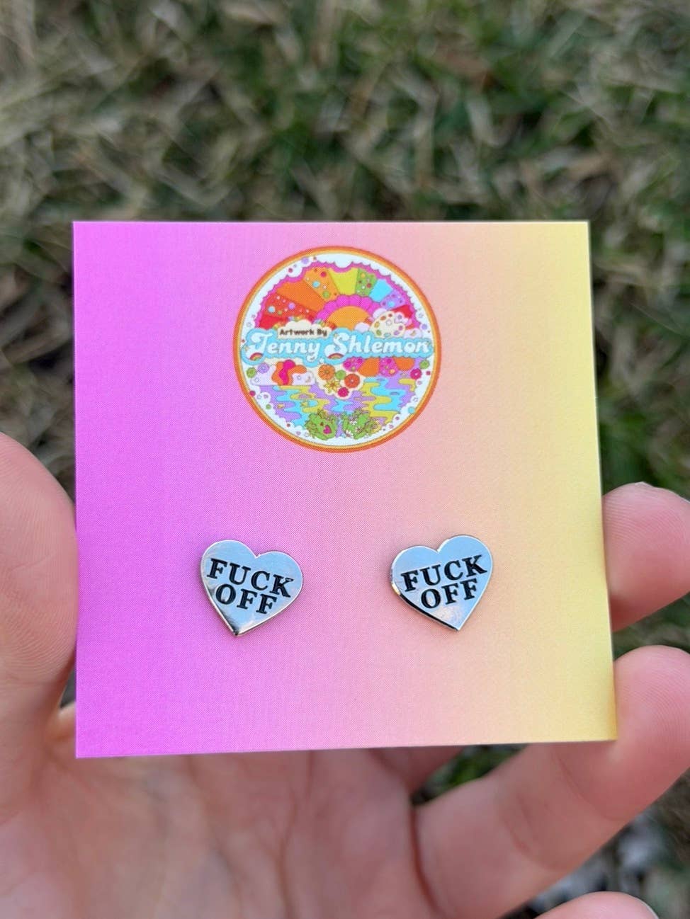 Fuck Off Heart Stud Earrings in Silver Enamel