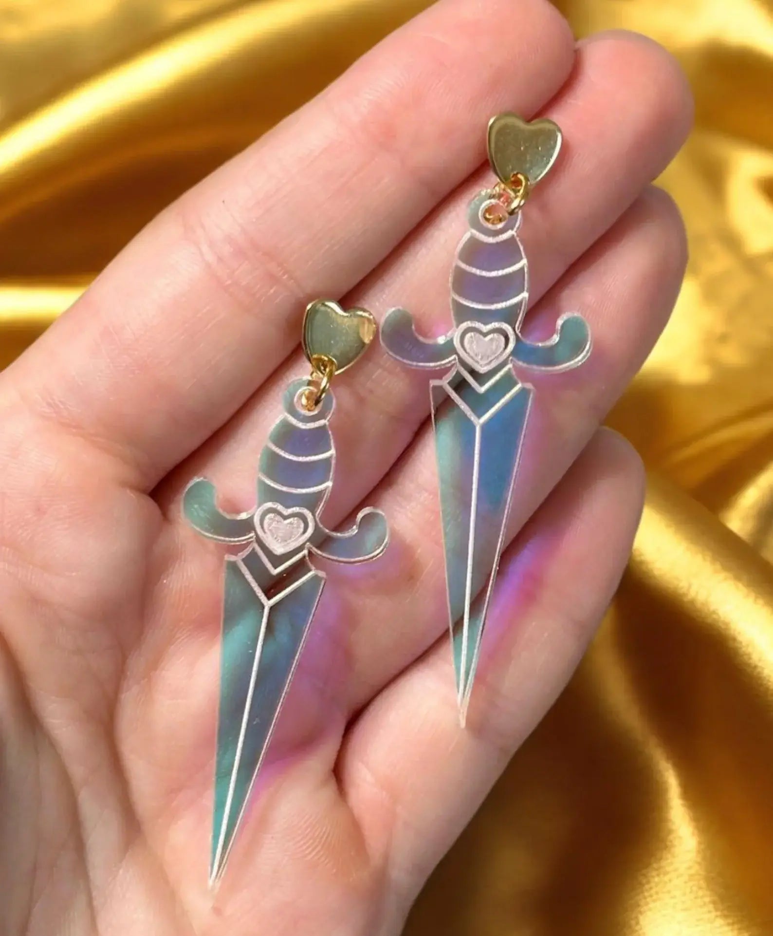 Heart Dagger Earrings in Iridescent