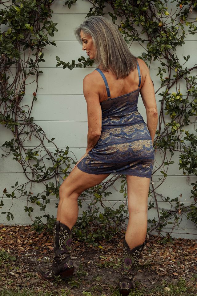 Kilo Brava Lace Bodycon Slip in Denim & Brass