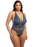 plus size model shows off the dark teal bodysuit with double lined cups and high cut hips that elongate her legs