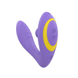 u-shaped wearable sex toy with ribbed internal shaft. Exterior arm has a decorative yellow band onthe lilac toy and has two buttons