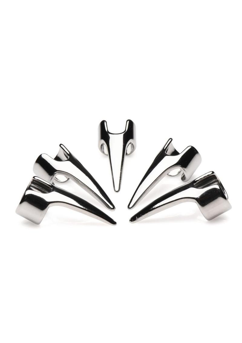 the set of five steel sensation rings pointing their points at each other. for bdsm sensation play use
