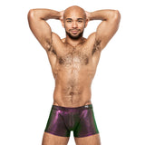 mixed black male model stands with hands on head showing off abs and genital package bulging from the men's lingerie mini shorts