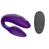 c-shaped hands-free wearable vibrator in purple color and a black external remote