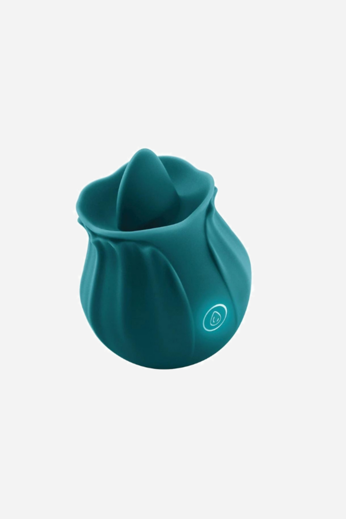 A teal silicone clitoral stimulator shaped like a rosebud, with soft petal folds around a central opening, on a plain grey backdrop.