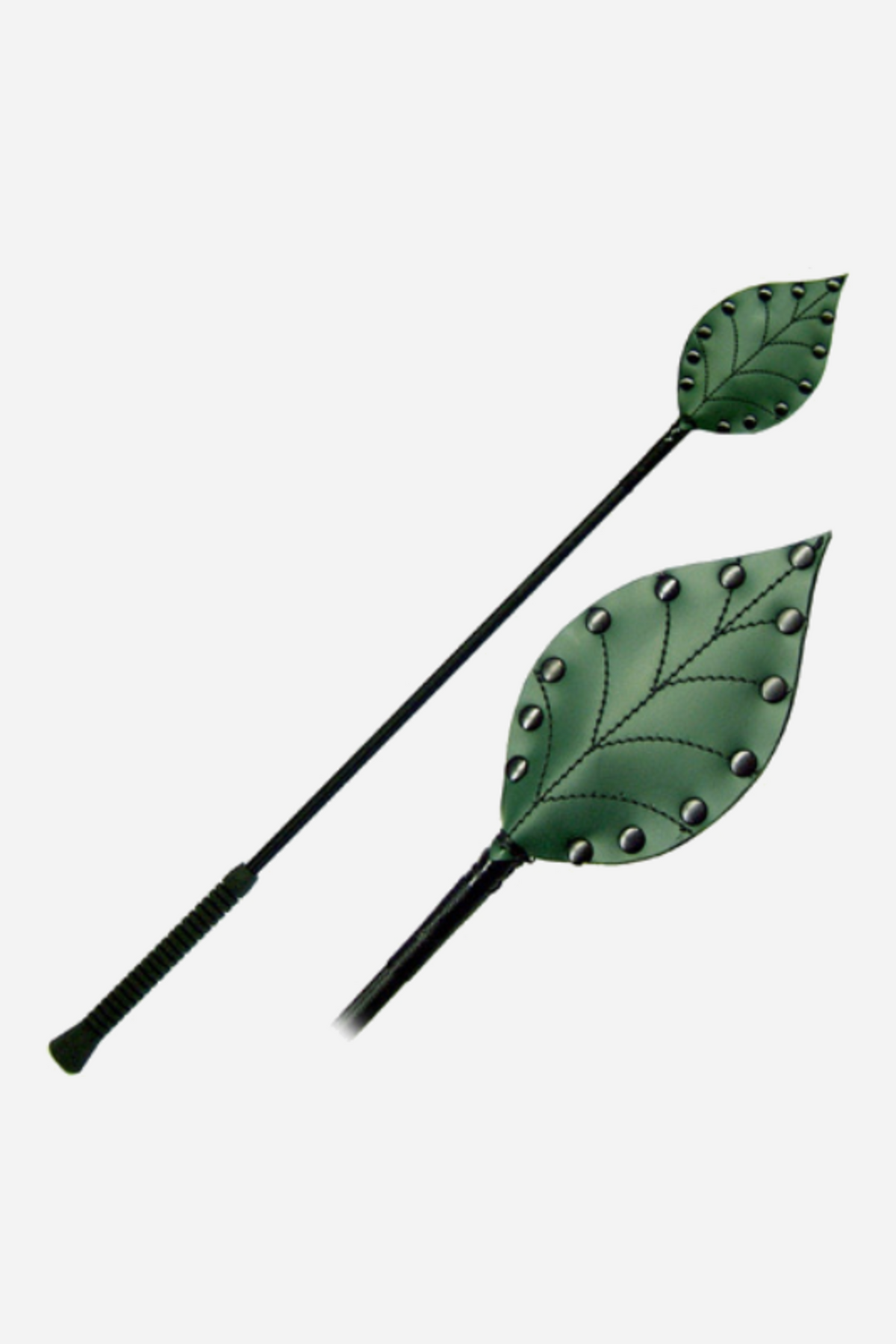 Black riding crop with a green leather leaf-shaped tip edged in silver studs, shown full length beside a larger close-up of the stitched leaf