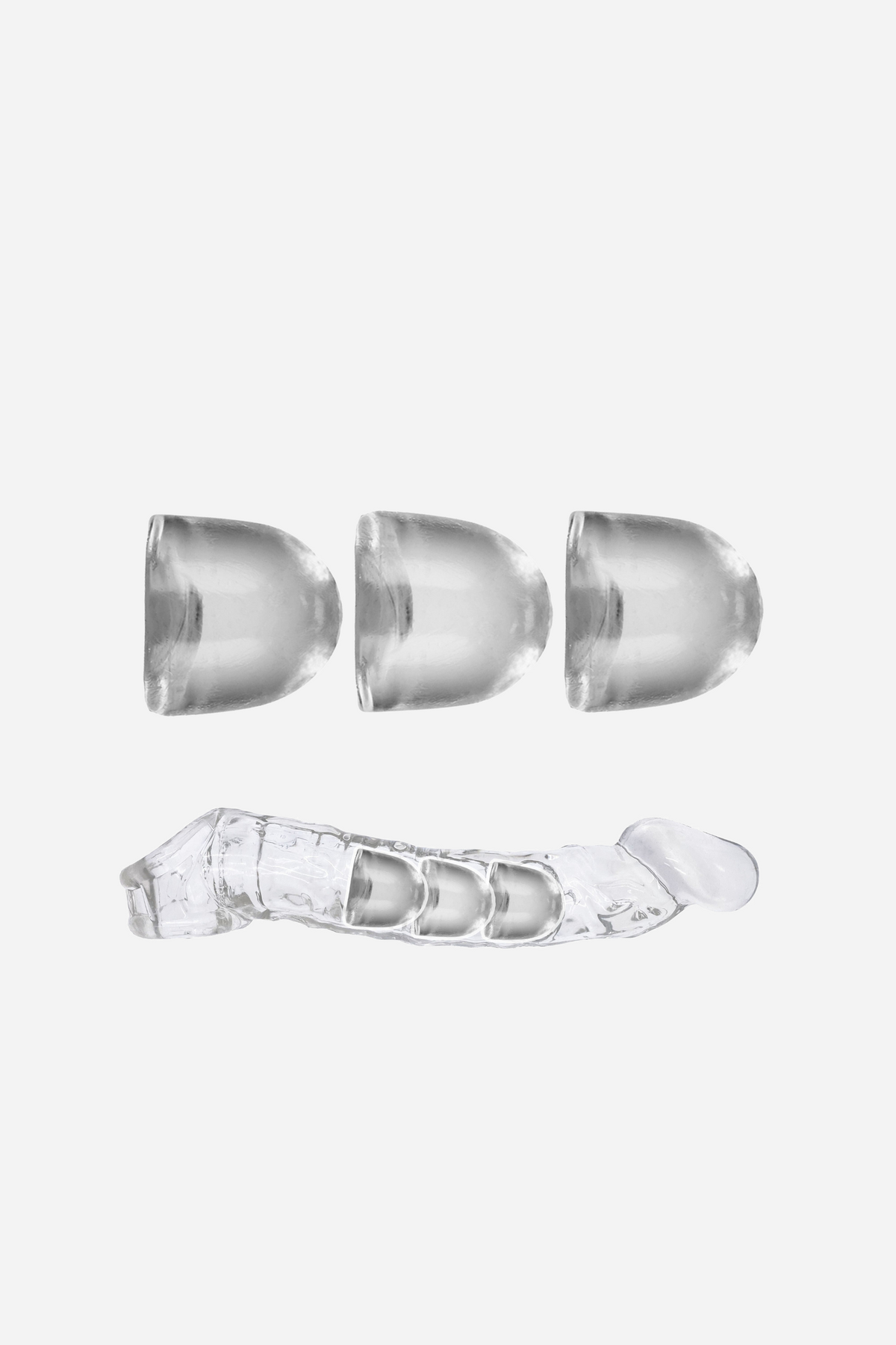Three clear silicone Adjust-the-Fit inserts shown in a row above a clear ribbed penis sleeve, each dome sized to fill the sleeve tip.