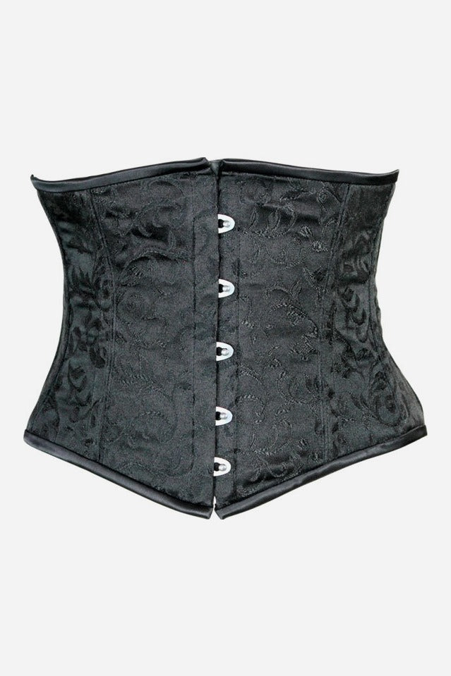 Front of the Alluring underbust corset in black brocade with a tonal damask pattern, steel boning and a silver front busk