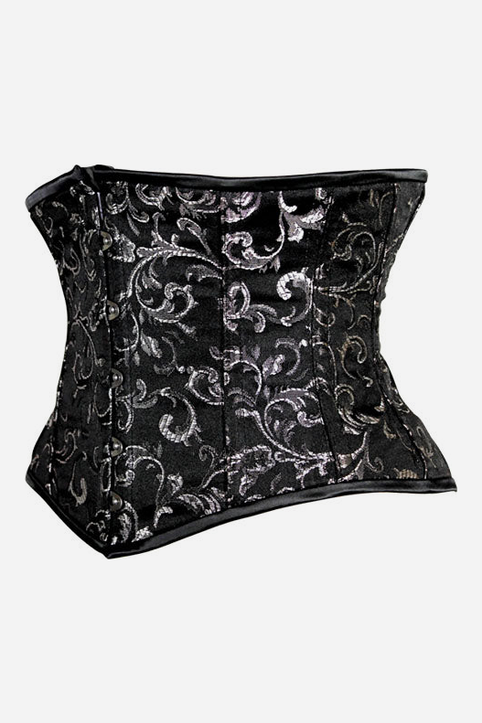 Side view of the Alluring underbust corset in black and silver swirl brocade with black satin binding and a sharply curved waist