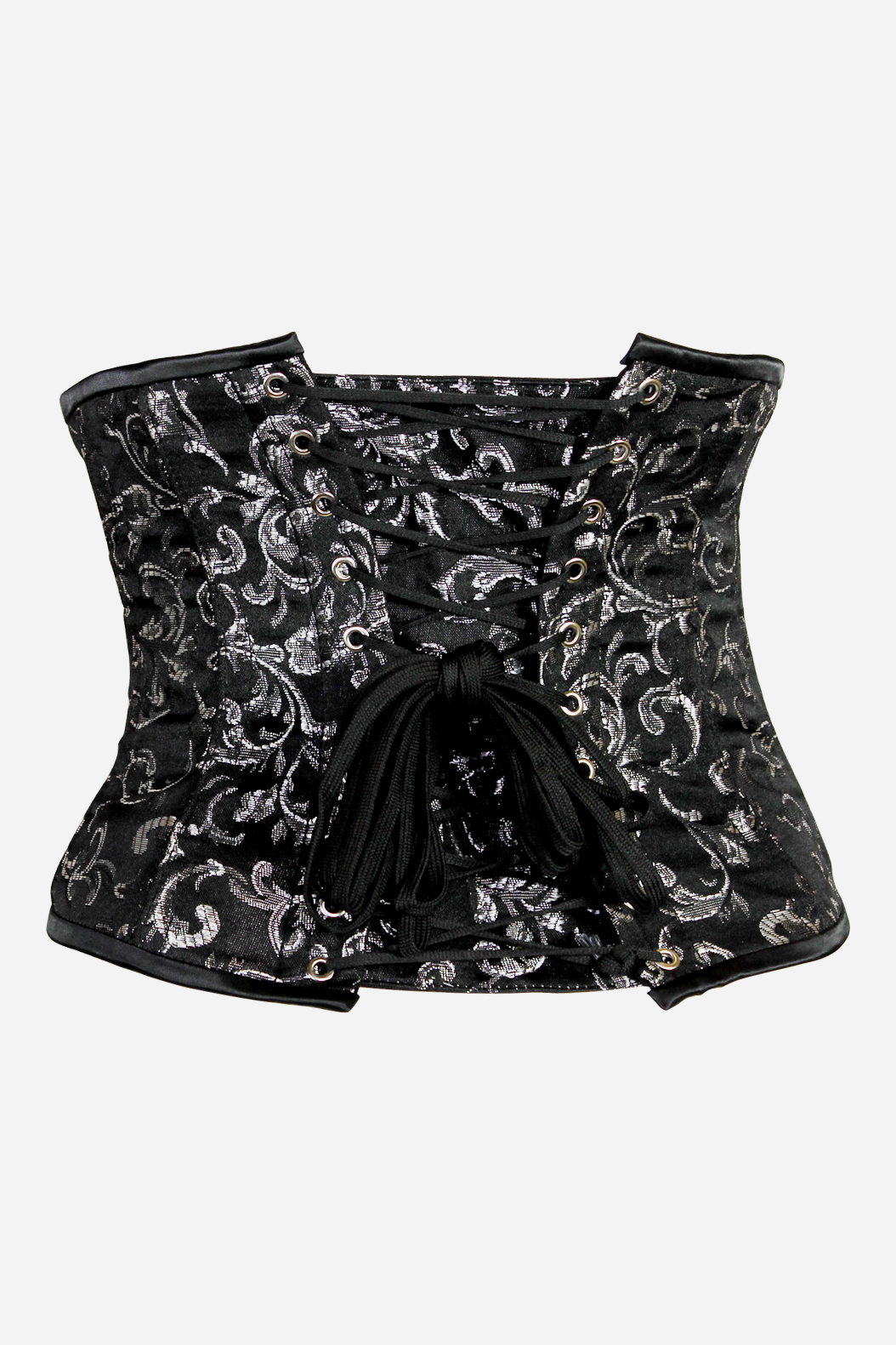 Back of the Alluring underbust corset in black and silver brocade showing the metal grommets and black lacing tied at the centre back