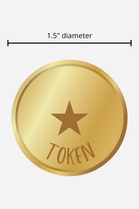 Rendering of a gold Sexy Time Token engraved with a star and the word Token, with a measuring line showing its 1.5 inch diameter