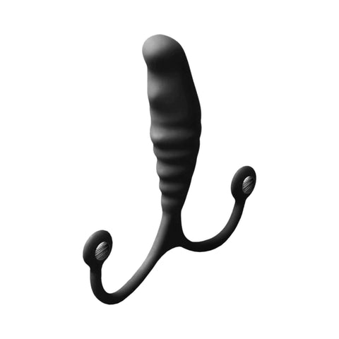 image of an adjustable prostate toy for men and people with prostates. ribbed silicone shaft that is about the size of a finger, adjustable tabs at the base