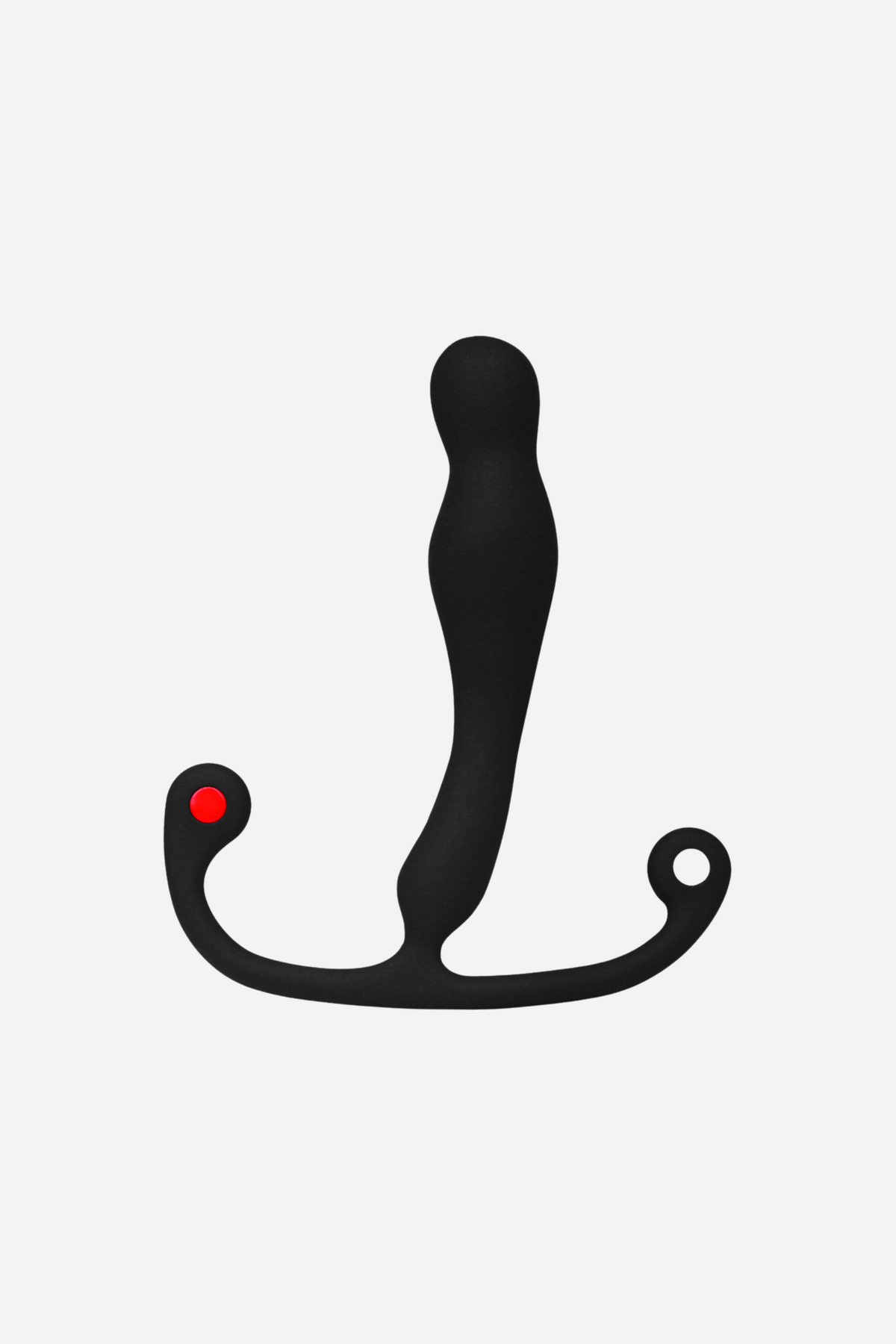 Black Aneros Eupho Syn prostate massager on grey, a slim curved body with a red perineum arm below and a round tail handle behind.